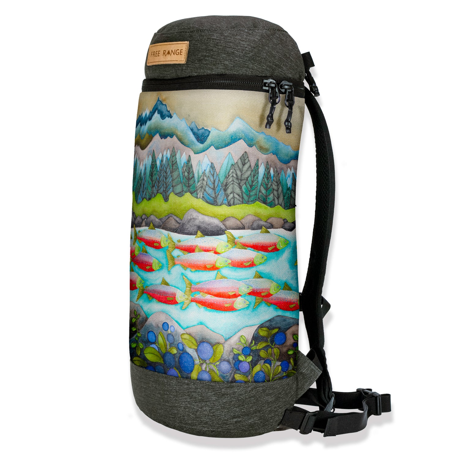 Canvas backpack featuring Salmon River artwork by Stephanie Ryan - Free Range Equipment